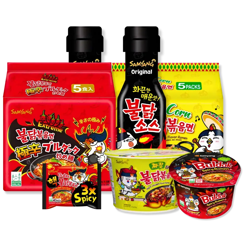 Samyang Buldak noodle packages, big bowls and hot sauce bottles