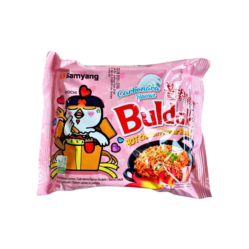 Samyang Buldak Carbonara 130g packet in pink packaging with the Hochi chicken mascot