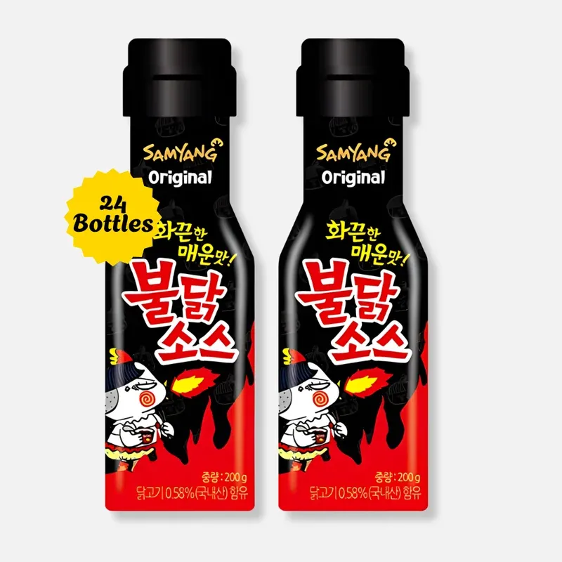 Two 200g bottles of Samyang Buldak Hot Sauce Original, shown with a 24-bottle carton badge