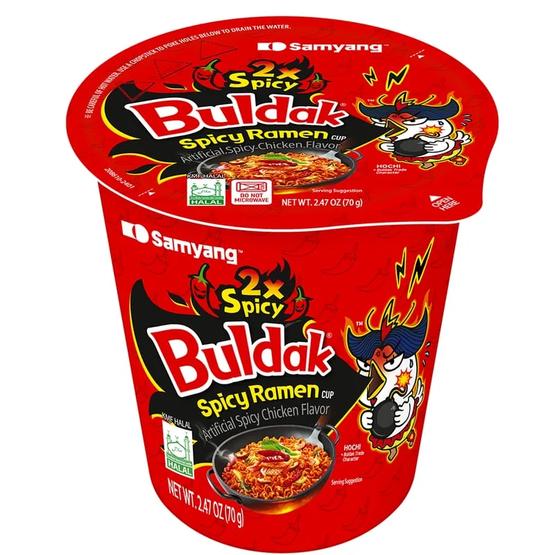 Buldak 2X Spicy Cup — 70g cup, Samyang Buldak packaging