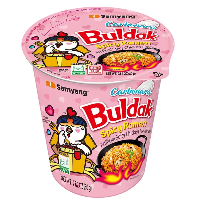 Buldak Carbonara Cup — 80g cup, Samyang Buldak packaging