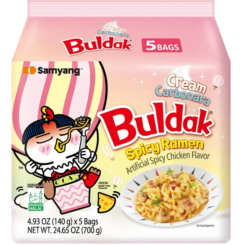 Buldak Cream Carbonara — 140g pack, Samyang Buldak packaging